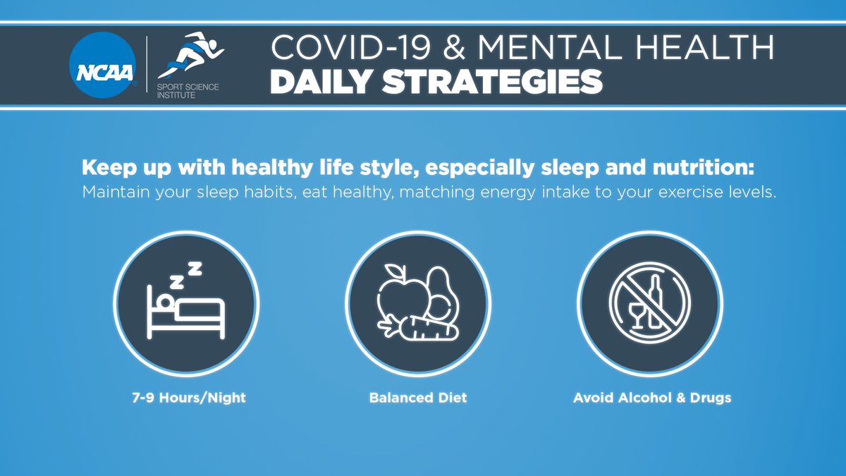 NCAA's tweet photo. COVID-19 &amp; mental health daily strategies provided by @NCAA_SSI:

Maintain your sleep habits, eat healthy, matching energy intake to your exercise levels. https://t.co/slM0FzOH1O