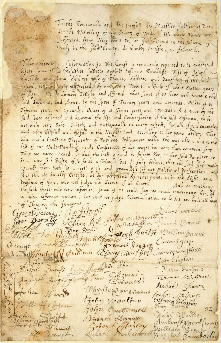 Rosie: ASSI45/11/1/93. The people of Denby sign a letter stating two accused women are not witches. I think the community in this document is incredible and proves how archives can disrupt our stereotypes of history.