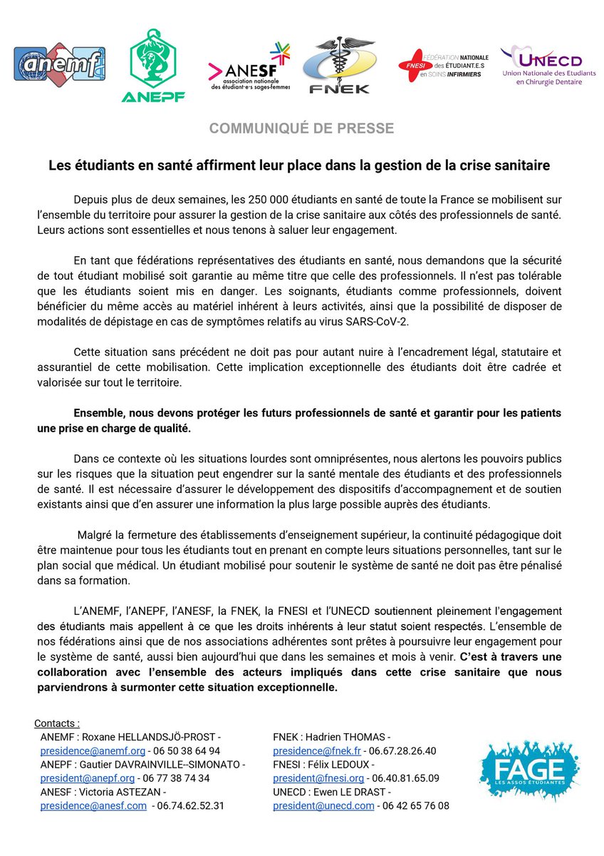 La_FAGE's tweet photo. [COMMUNIQUE DE PRESSE] 📢

Les #etudiants en #santé affirment leur place dans la gestion de la crise sanitaire #COVIDー19 

Ensemble, nous devons protéger les futurs professionnels de santé et garantir pour les patients une prise en charge de qualité 📝 https://t.co/HJM86IM1ru