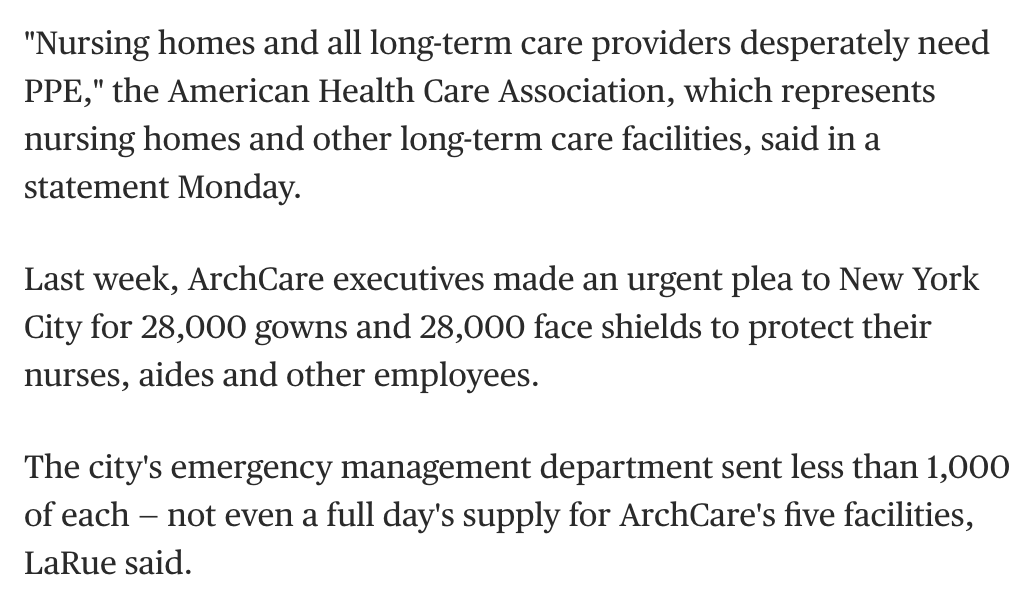 The CEO requested 28k gowns and face shields from the city and got 1k. He says PPEs are going to hospitals first, which are desperate. But it leaves the most vulnerable in an uncontrolled outbreak.This is the context in which Trump is calling states "insatiable" for supplies.