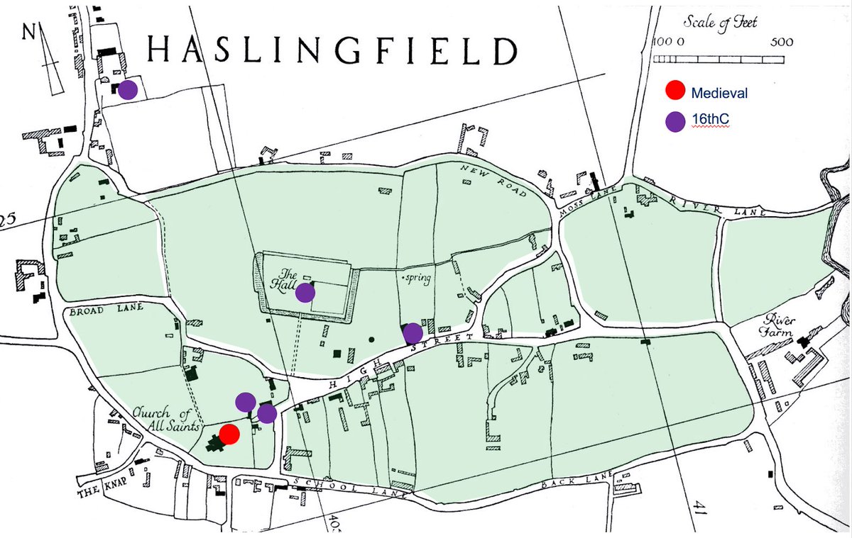 10. If the moat around the Hall is medieval, the most likely period for its construction is c1150-1350 - the openness of the area around it suggests it wasn’t competing for space. By the 16thC settlement was apparently clustered between church & Hall...