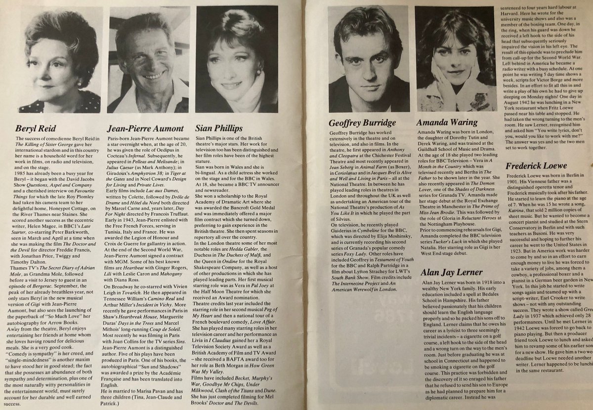 Thank heaven for little girls? French film star Jean Pierre Aumont ('very suave', says Dudley) was Honore in  #Gigi onstage alongside British stars  #BerylReid &  #SianPhillips & a young  @WaringAmanda in the title role.Ping me any messages for Duds on this one!  #DudleysProgrammes