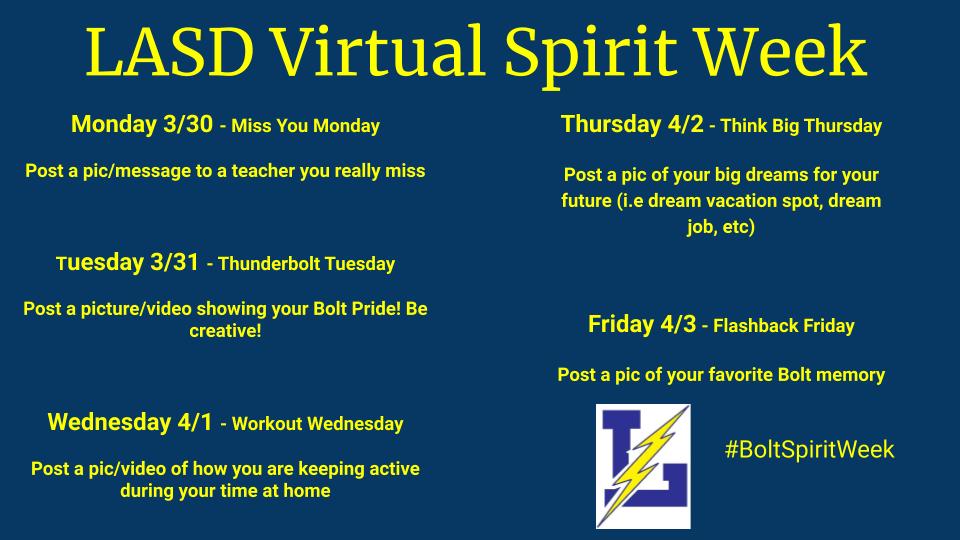 LtownAthletics's tweet photo. THINK BIG THURSDAY!!!
What is your Dream Job, Dream Vacation, etc. DREAM BIG PEOPLE! Let us know what the future holds for Bolt Nation!
POST using #BoltSpiritWeek
#1town1team https://t.co/WejSN4pQQ4