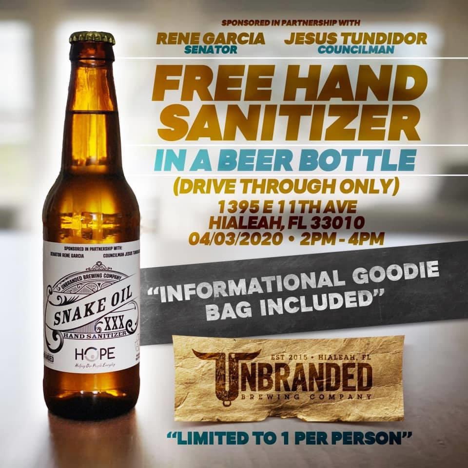 I’ll be joining my friends & colleagues Councilman @jesustundi & Senator @SenReneGarcia tomorrow to distribute hand sanitizer produced by @UnbrandedBrew, the largest brewery in Miami-Dade County, who converted its operations to help produce hand sanitizer. Come on by at 2!