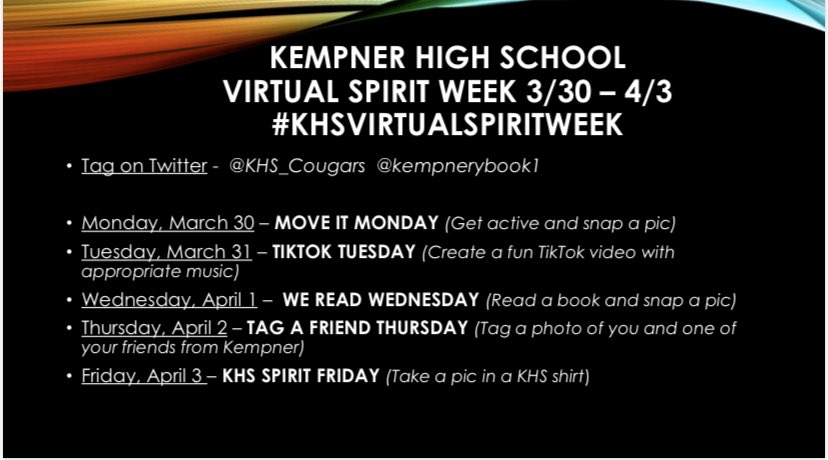 KHS_Cougars's tweet photo. Itโs #tagafriendThursday for #khsvirtualspiritweek show us a photo of you and a friend/friends from Kempner. Donโt forget to tag us and @kempnerybook1 Letโs keep the spirit going! https://t.co/kTDdzEmbZ4