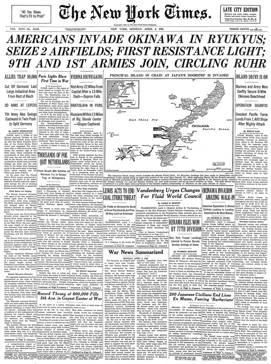 April 2, 1945: Americans Invade Okinawa in Ryukyus; Seize 2 Airfields; First Resistance Light; 9th and 1st Armies Join, Circling Ruhr  https://nyti.ms/2JuzYlE 