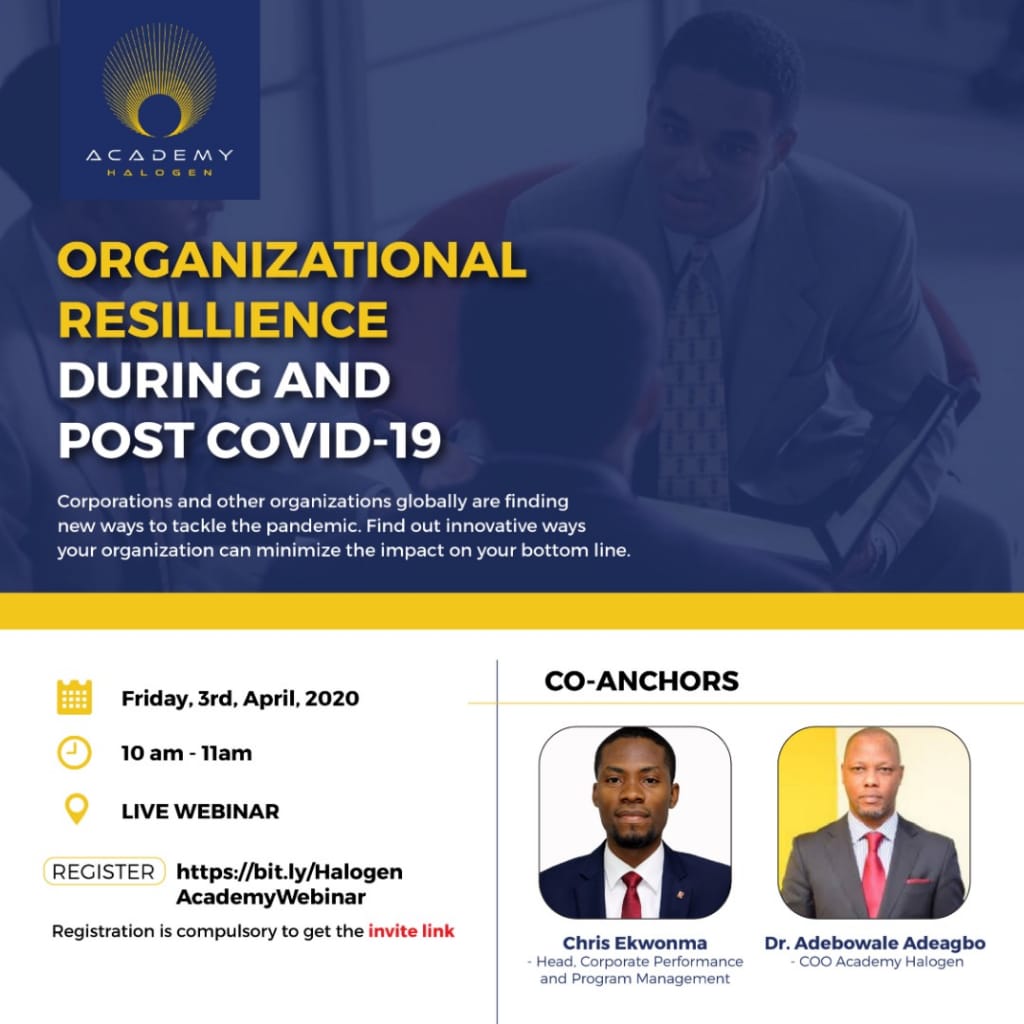 Are you a CEO/Business owner? 

Join our webinar tomorrow and find out ways to minimize the impact of the #CoronaVirus on your business. 

Register via the link -  bit.ly/HalogenAcademy…

#AcademyHalogen #COVID19Pandemic #CoronavirusOutbreak #ThursdayThoughts #Webinar