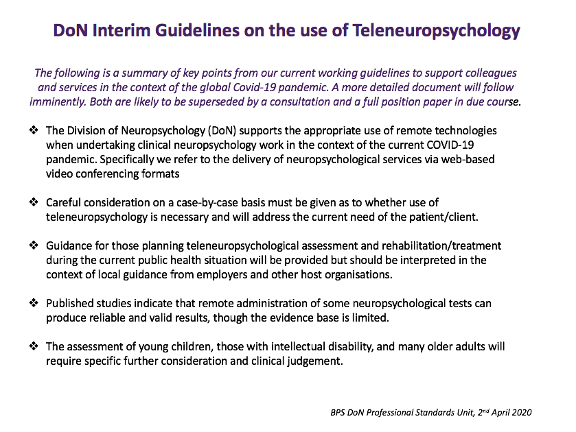 **A summary of our interim guidelines on teleneuropsychology**
Full document awaiting release and to follow very soon! 
#teleneuropsychology