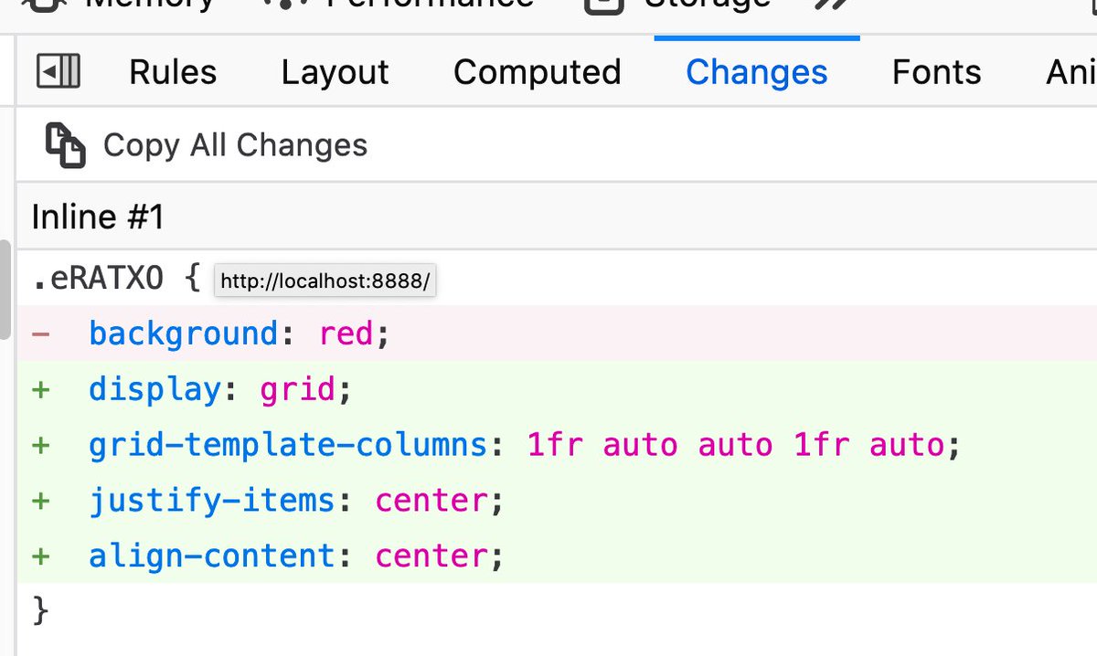 wesbos's tweet photo. 🔥 The Firefox dev tools changes tab shows you the CSS you have removed and added from what was loaded on the page. https://t.co/RkBqdOnlRU