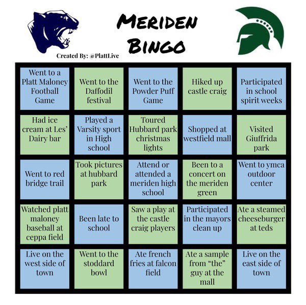 MaloneyMemos's tweet photo. MERIDEN BINGO CARD!
Itβs time to put rivalries aside! We are all in this together!
Students, alum, and community members just screenshot the card, highlight what you have done, repost and use #DefendTheDenMPS and tag @MaloneyMemos
-Brought to you by the Platt Student Senate https://t.co/reUWYmAKmN