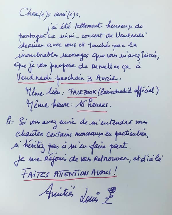 Rendez-vous demain 16h sur facebook pour le deuxième mini-concert de Louis Chedid ✨
