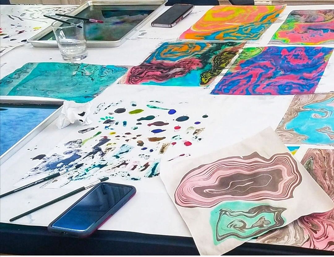 fieldcolony's tweet photo. Suminagashi - literally "spilled ink" - is a process where a decorative pattern is created by floating ink on the surface of water and is transferred to a sheet of paper.

#printmaking #suminigashi #marbling #artclass #fieldcolony #hoboken #hobokenlocals https://t.co/4mi7ss9r6S