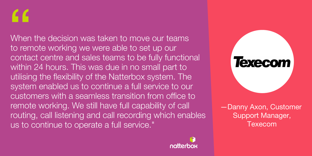 Natterbox's tweet photo. It's been great to hear how hashtag#Natterbox has been helping businesses through this period of #RemoteWorking. Thank you for your incredible feedback Danny Axon Customer Support Manager, @TexecomLtd. We're glad we could help! https://t.co/nxcoKRJueB