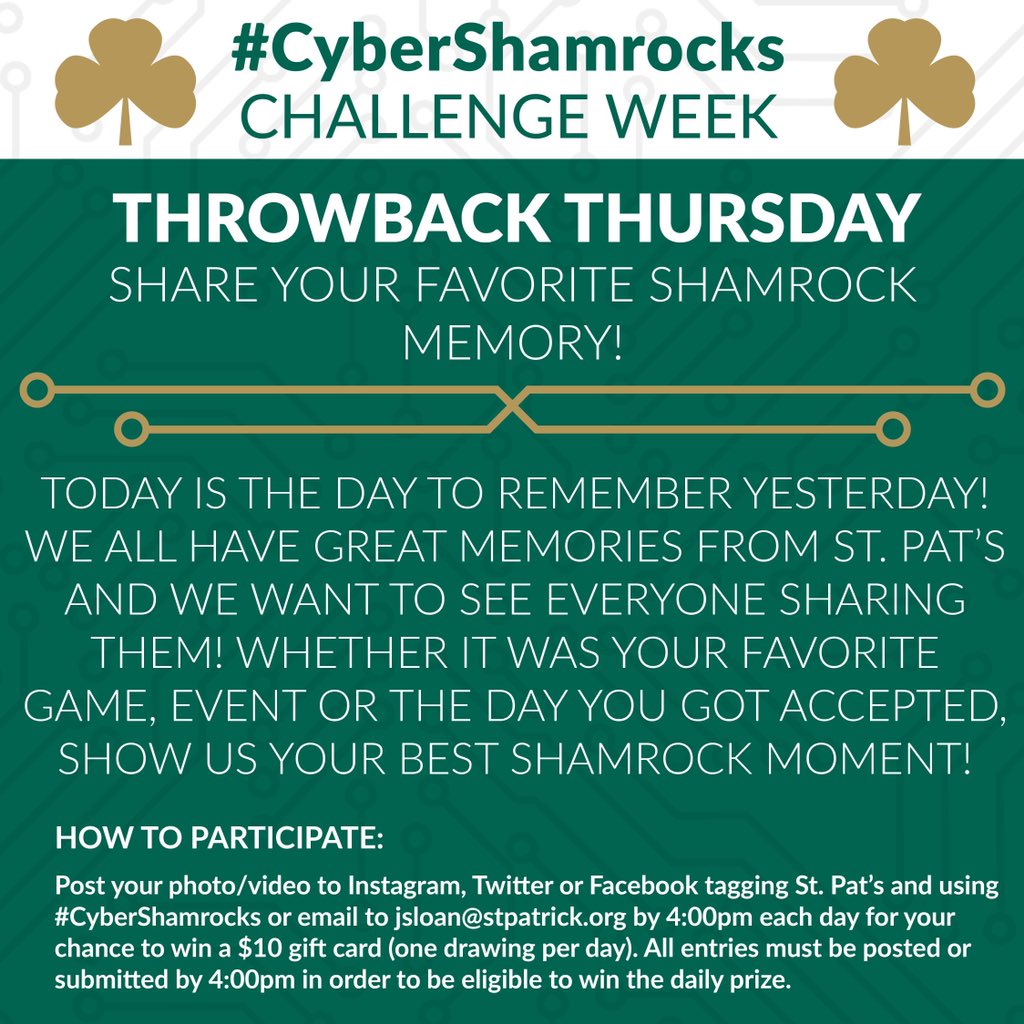 SaintPatrickHS's tweet photo. Shamrocks! It’s #ThrowbackThursday! Let’s not be afraid to look back and remember our favorite moments at St. Pat’s! Post, tag @SaintPatrickHS, use hashtag #CyberShamrocks or email jsloan@stpatrick.org. Two more chances to qualify for a $10 gift card. #ShamrockPride #gorocks https://t.co/Qyub810WIp