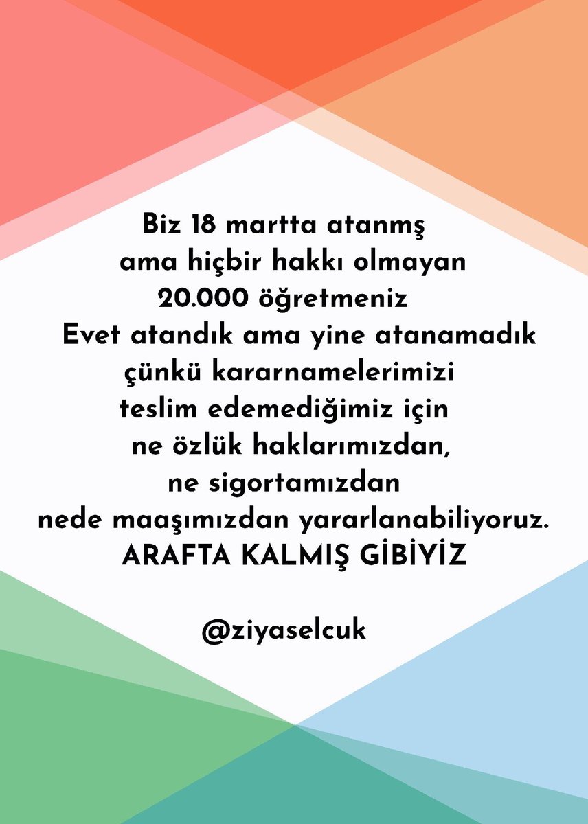 Talip Geylan (@talipgeylan06) on Twitter photo Ataması yapılmış öğretmenlerimiz bir an önce görevlerine başlamak istiyor. <a href="/tcmeb/">Millî Eğitim Bakanlığı</a> ivedilikle meslektaşlarımızı tatmin edici açıklamayı yapmalıdır.
Ayrıca ilave 20 bin öğretmen ataması için de takvim açıklanmalı ve süreç hemen başlatılmalıdır.
<a href="/ziyaselcuk/">Ziya Selçuk</a>
#ÖğrtKararnameBekliyor Ataması yapılmış öğretmenlerimiz bir an önce görevlerine başlamak istiyor. <a href="/tcmeb/">Millî Eğitim Bakanlığı</a> ivedilikle meslektaşlarımızı tatmin edici açıklamayı yapmalıdır.
Ayrıca ilave 20 bin öğretmen ataması için de takvim açıklanmalı ve süreç hemen başlatılmalıdır.
<a href="/ziyaselcuk/">Ziya Selçuk</a>
#ÖğrtKararnameBekliyor