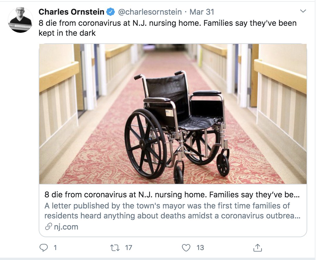 There’s been reporting on triage at hospitals, leaving sicker patients to help those with a better chance.Without supplies, New York is effectively triaging its nursing homes right now. Many, many, many seniors will die. Many are already dying right now across the country.