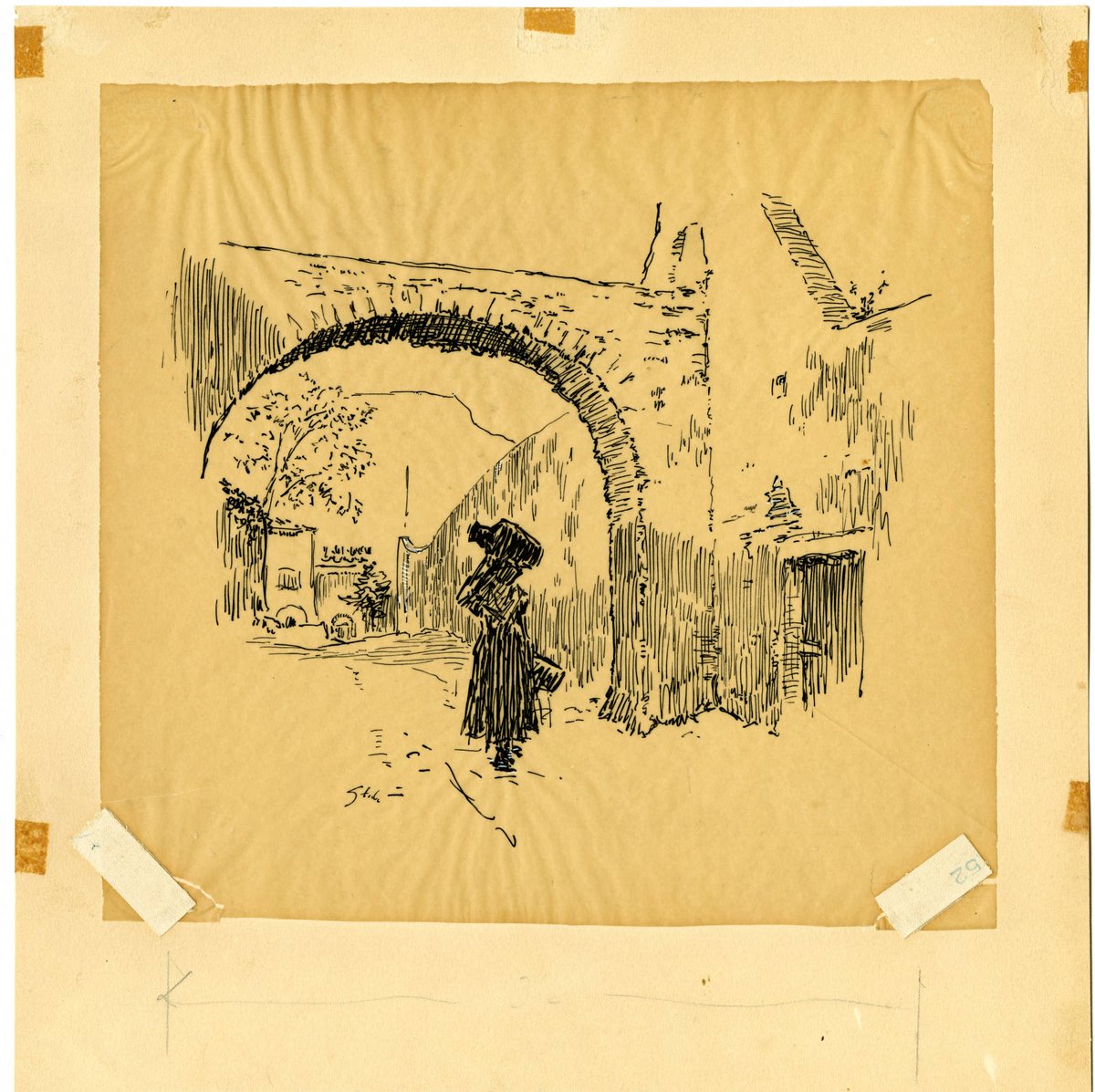 This unidentified scene by Steele from  @SherlockUMN  @umnlib features a lone figure carrying a burden down an unnamed street. The stark beauty of this image reminds us of two important lessons: we don't need to be alone; others can help with our loads.  http://purl.umn.edu/99679 