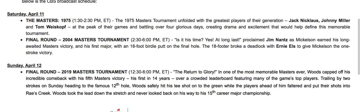richarddeitsch's tweet photo. Golf fans: CBS will air some classic rounds of The Masters next weekend. The schedule: https://t.co/tvSjLxeir8