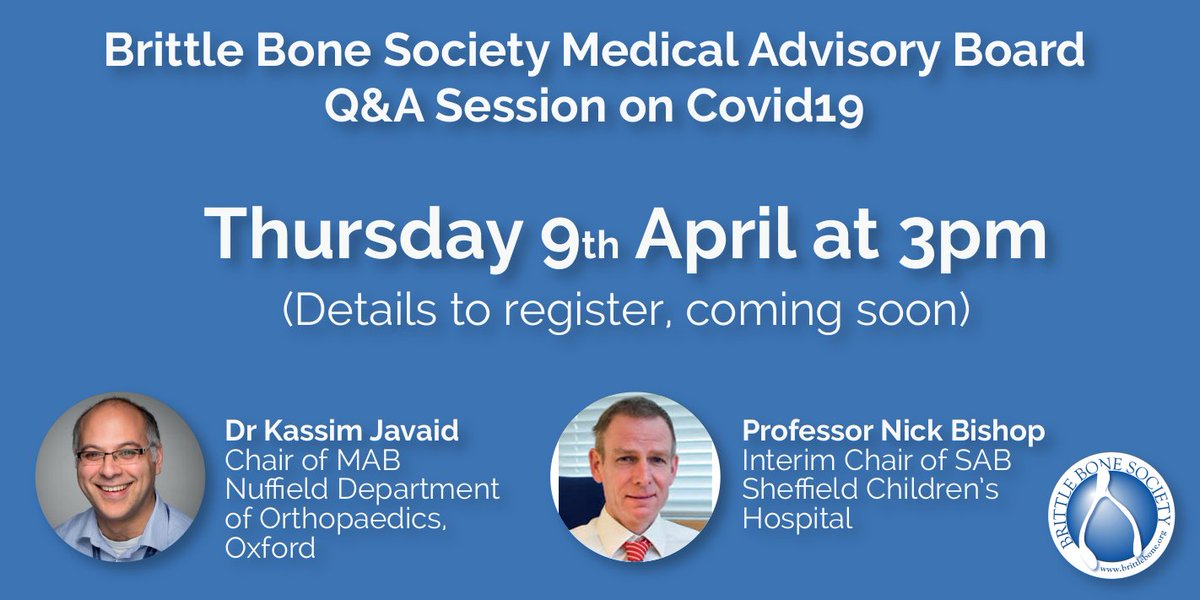 BrittleBoneUK's tweet image. ** Brittle Bone Society Medical Advisory Board Q&amp;amp;A Session on Covid19 - 9th April @ 3PM ** If you have something you want to ask, submit it here: form.jotform.com/200923088301043