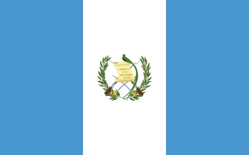 Guatemala. 8/10. Blue bars represent the Pacific & Atlantic oceans that surround the country, white representing peace and purity. Adopted in 1871. Coat of arms consists of a quetzal (national bird), a scroll depicting Central America's separation from Spain 2 guns and 2 swords.