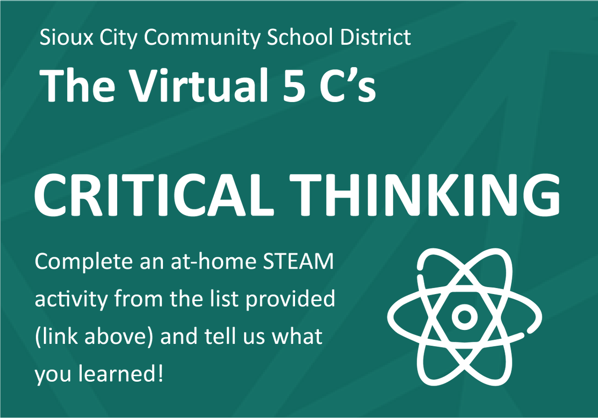 WHS_SCCSD's tweet photo. Critical Thinking: Complete an at-home STEAM Activity from this list https://t.co/0MKYkXL1B8 and tell us what you learned. #SCCSD #Virtual5C's #CriticalThinking https://t.co/HIKNiYUPde