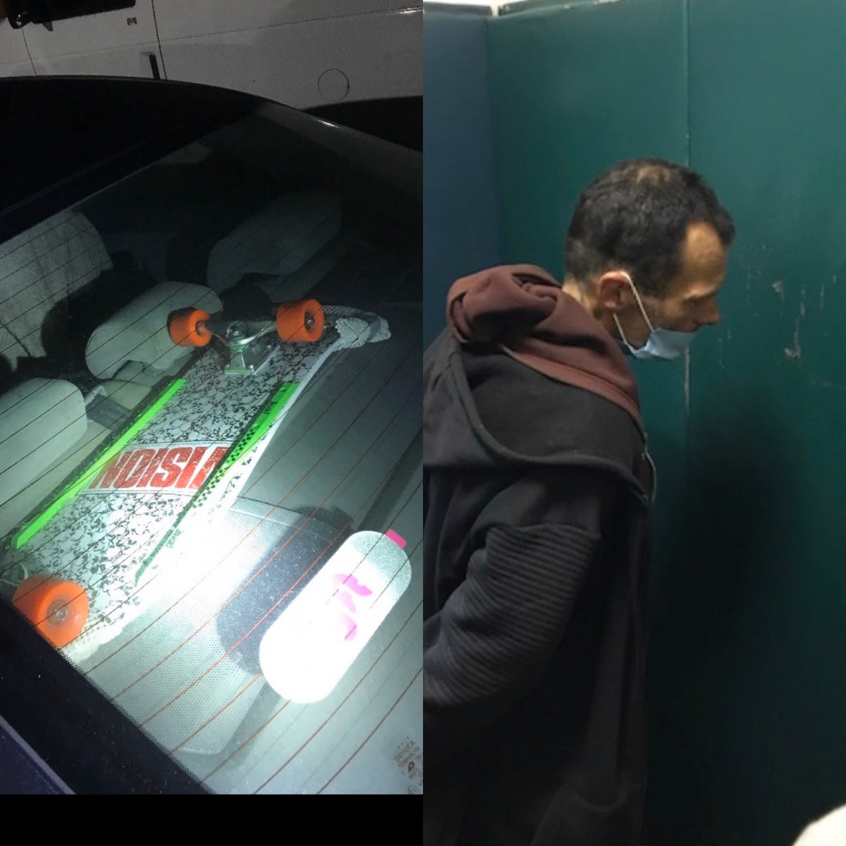 ChiefAndyMills's tweet photo. Nighttime COVID 19 patrol. Man Leaves skateboard in car, crook on bike looking for opportunity to steal sees it. @SantaCruzPolice burglary suppression officer is surveilling burglar. Criminal gloves up, masks up and tampers w car. #copsarrest Suspect in custody. #stayhome https://t.co/yCjuWHDYOq