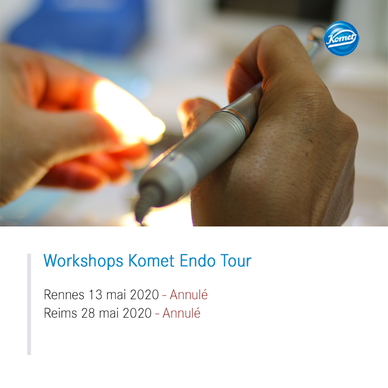 Nous vous informons que les workshops prévus en mai à Rennes et Reims sont également annulés. Vous pouvez retrouver ces informations sur le site komet-endo-tour.fr. N'hésitez pas à nous contacter à endodontie@komet.fr