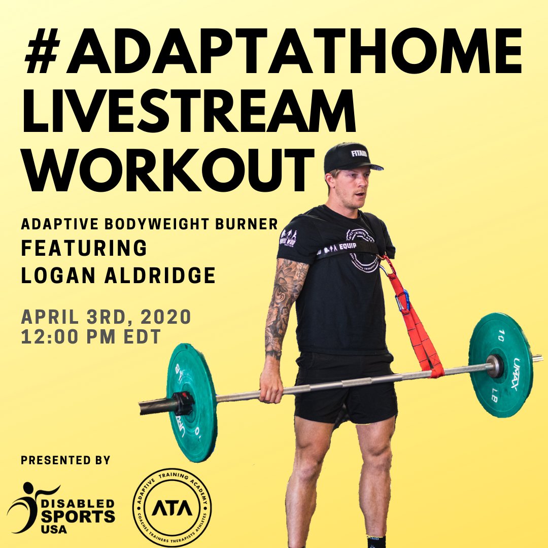 MoveUnitedSport's tweet photo. Take part in a Livestream Workout w/ Logan Aldridge on 4/3 at 12:00pm EDT. All abilities welcome & no equipment needed. Open to the first 100 registrants & be entered to win a RX Smart Gear MonoRope! Register at https://t.co/9u54GxpwG7 #adaptathome #itsjustanarm #adaptiveathlete https://t.co/V7PYB7El74