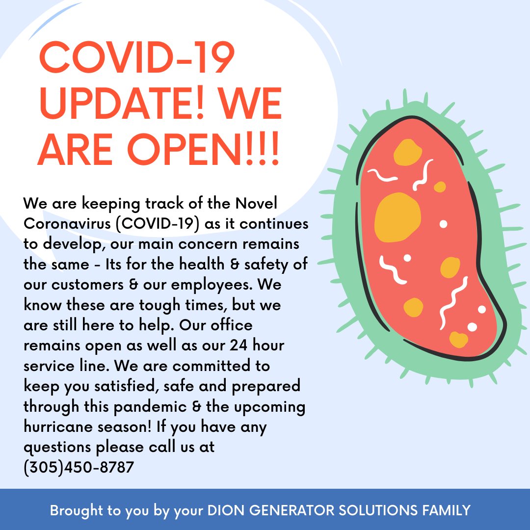 Diongenerators's tweet image. WE ARE OPEN!!
•
Yes, although we are going through this pandemic, we are an essential company due to providing services to hospitals, nursing homes etc &amp;amp; that’s good because then that means we can still service YOU! #generac #kohler #generators #miamigenerators #COVID19