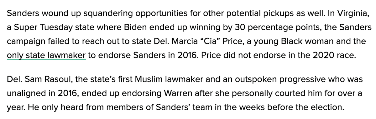 Among the calls the campaign did not make: Virginia Del. Marcia "Cia" Price, a young Black woman and the only state lawmaker to endorse Sanders in 2016, never heard from them.Cutting room floor: Neither did Perriello consigliere and anti-trust activist  @brennanmgilmore.