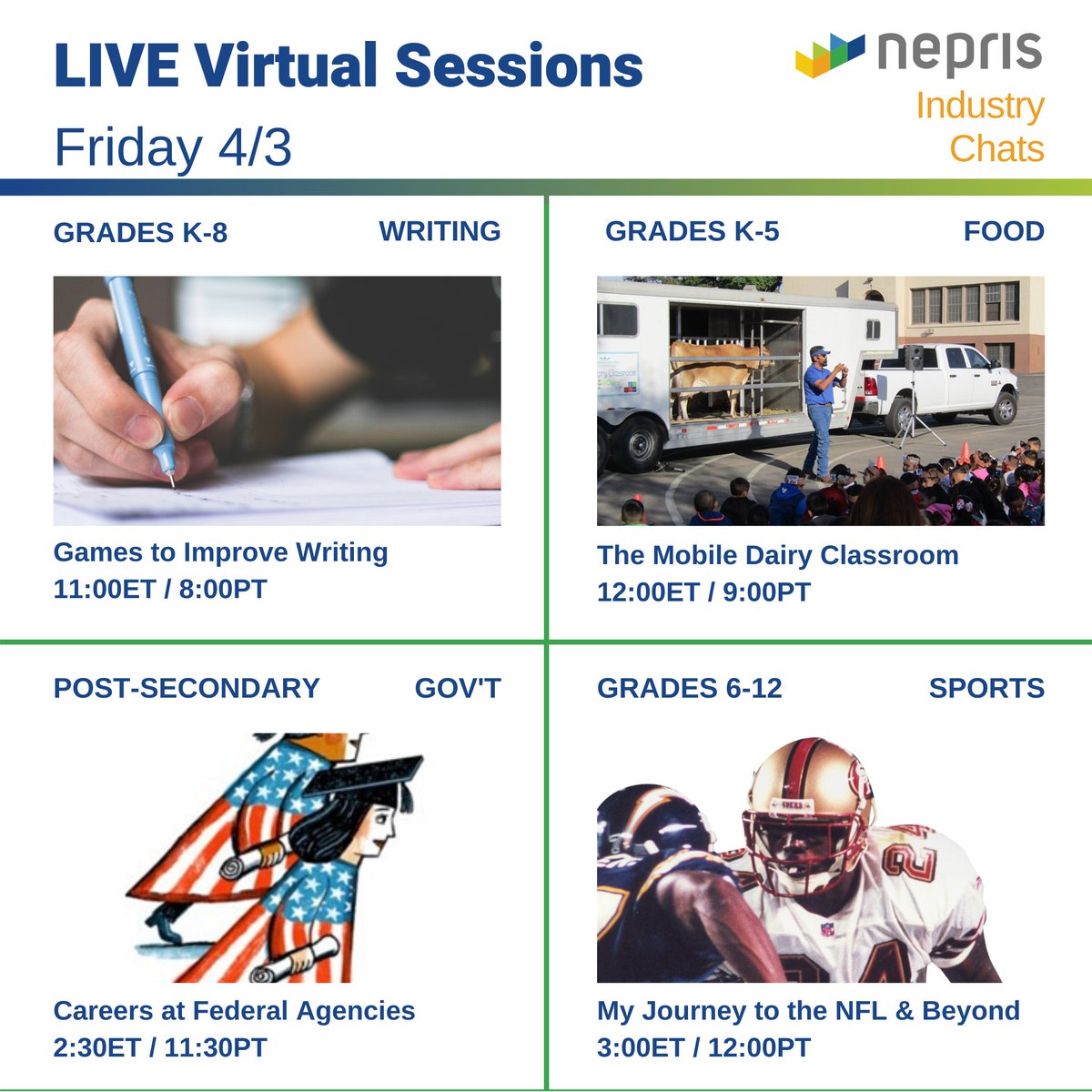 Pathfulinc's tweet photo. FRIDAY April 3rd LIVE Virtual Learning Sessions include ✍️writing skills, 🐮 mobile dairy, 🇺🇸 federal agency careers &amp; former  🏈NFL player. Teachers, Students, Parents connect for FREE.   https://t.co/WpOhN0TWoZ #NeprisConnects #virtualschool #FamilyEdTech https://t.co/vxfJa7o6lz