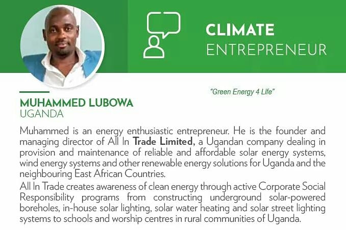 Allintrade's tweet photo. #Tbt:On 6th Dec. 2019, our M.D Muhammed Lubowa was awarded the FIRST EVER GCF Green Champion for the Climate Entrepreneur Category hence representing #Uganda on a global scene.
#COP25 #GCFAwards
Photos: IISD Reporting Services/ Diego Noguera & GCF/Angeli Mendoza https://t.co/apsVR2J54f