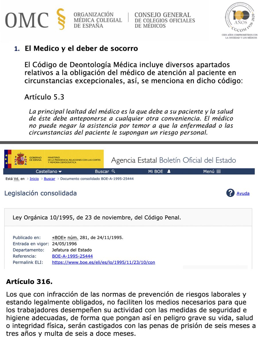 MdcnCabreada's tweet photo. LA OMC "RECUERDA" QUE "EL MÉDICO NO PUEDE NEGAR LA ASISTENCIA POR TEMOR A […] UN RIESGO PERSONAL". ¿QUIÉN LO HA HECHO,A PESAR DE TRABAJAR CON MATERIAL INAPROPIADO?. RECUERDEN TAMBIÉN EL ART.316 DEL CÓDIGO PENAL. RESIGNÉMONOS A ESCUCHAR "QUE SI QUIERE BOLSA" CUANDO SE PIDAN EPI… https://t.co/3dPiztt7GO