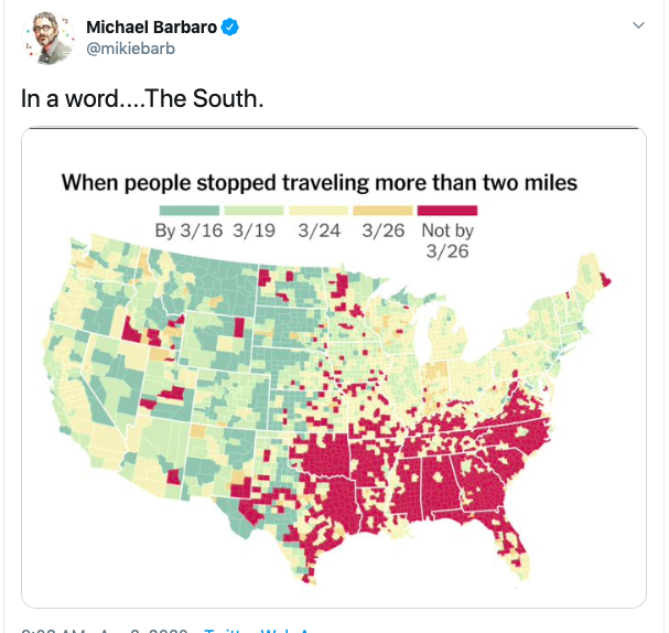 This map is meaningless and the Times should be ashamed of publishing it. All this shows is rural v. more populated areas where rural people must drive further even for necessities.