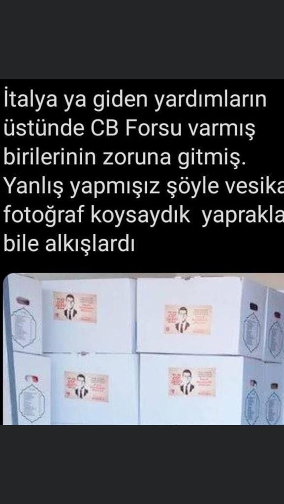 Reis çok büyük yanlış yaptım yardım paketlerinin üzerinde cumhurbaşkanlığı  forsunu koymayacaktın. İ.  Belediye   Başkanı Ekrem gibi kendi vesikalık fotoğrafını koysaydın vitaminsiz deniz sesi çıkmazdı