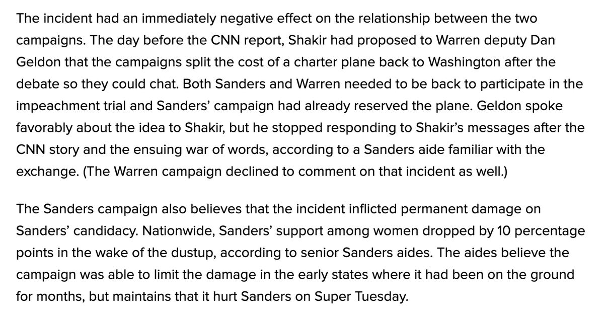 More news: The Sanders campaign planned to split a plane with the Warren campaign back to Washington after the Iowa debate in mid-January. After the CNN story on Sanders' alleged comments on a woman not being able to win, the communication lines went dark.