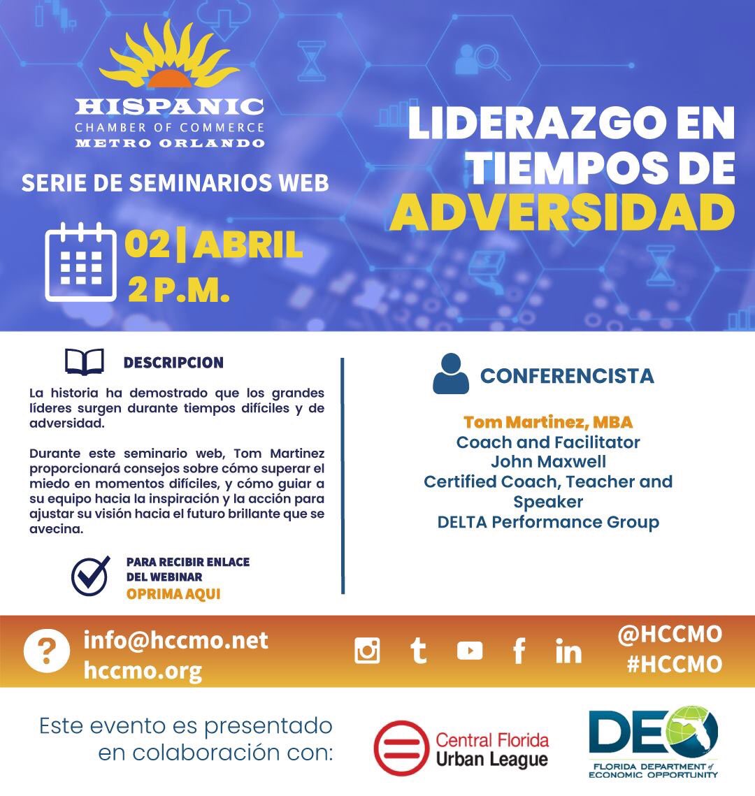 HCCMO's tweet photo. #AttentionMembers:

Make sure to join us today at our "Leadership in Times of Adversity" and "Liderazgo en Tiempos de Adversidad" webinars!

Do you have what it takes to become a great leader during these challenging times?

RSVP at: https://t.co/jRQzo9ZbZe

We'll see you there! https://t.co/blupSDUI5T