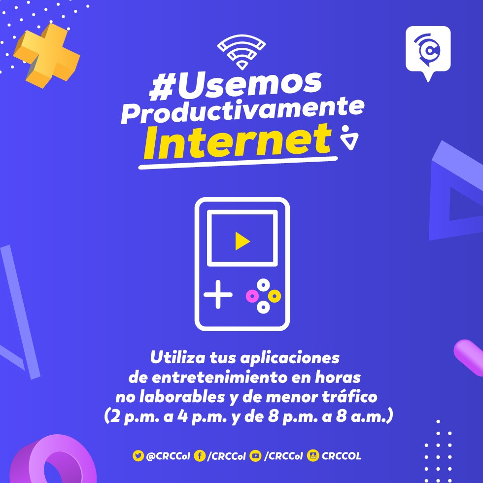 CRCCol's tweet photo. #UsemosProductivamenteInternet y ayudémonos entre todos. Prioriza tu acceso para el trabajo y uso de herramientas de educación virtual. https://t.co/IKzywUpICA
