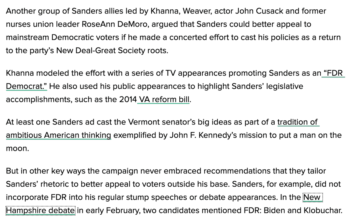 As has already been reported, a faction of Bernie allies wanted the candidate to cast himself in a more mainstream light, including by tying himself to FDR and the New Deal.One sign he didn't: In the N.H. debate, the two candidates to mention FDR were Biden and Klobuchar.
