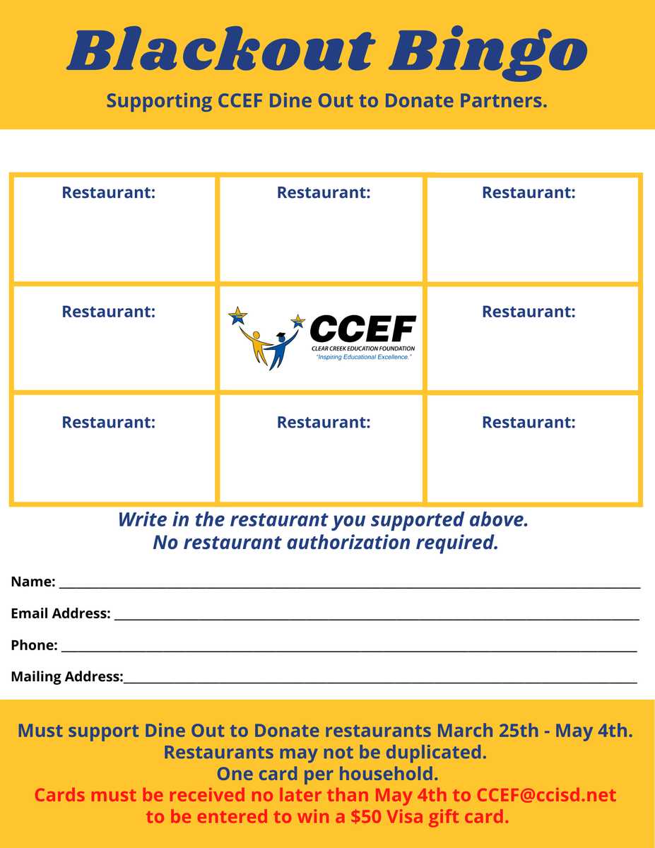 ccisd_ef's tweet photo. We are extending the deadline of Blackout Bingo to May 4th! 

Support any eight of our 2019 Dine Out to Donate restaurant partners for a chance to win a $50 Visa gift card (13 winners will be drawn!)

Send a picture of your completed card to CCEF@ccisd.net by May 4th to qualify. https://t.co/X6nwmSdqNl