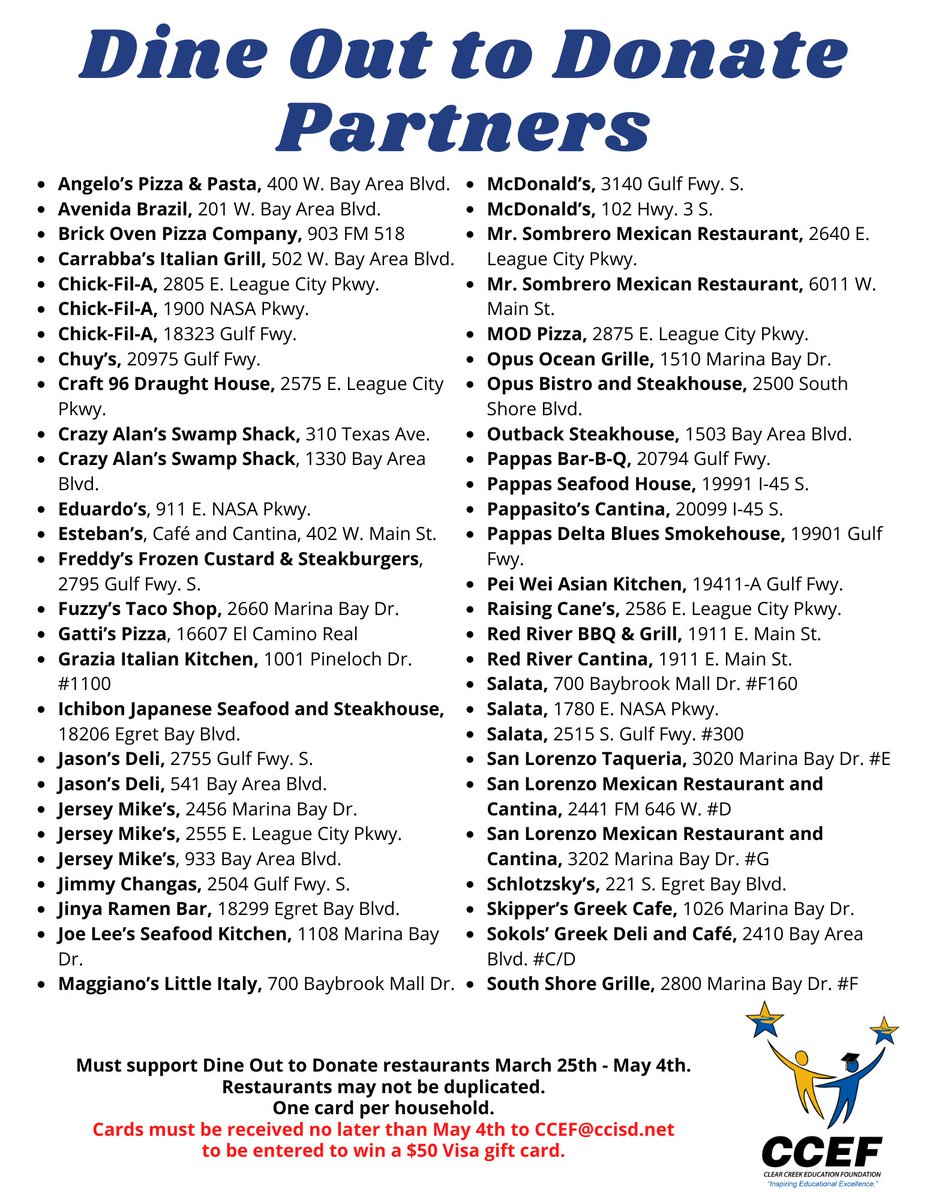 ccisd_ef's tweet photo. We are extending the deadline of Blackout Bingo to May 4th! 

Support any eight of our 2019 Dine Out to Donate restaurant partners for a chance to win a $50 Visa gift card (13 winners will be drawn!)

Send a picture of your completed card to CCEF@ccisd.net by May 4th to qualify. https://t.co/X6nwmSdqNl