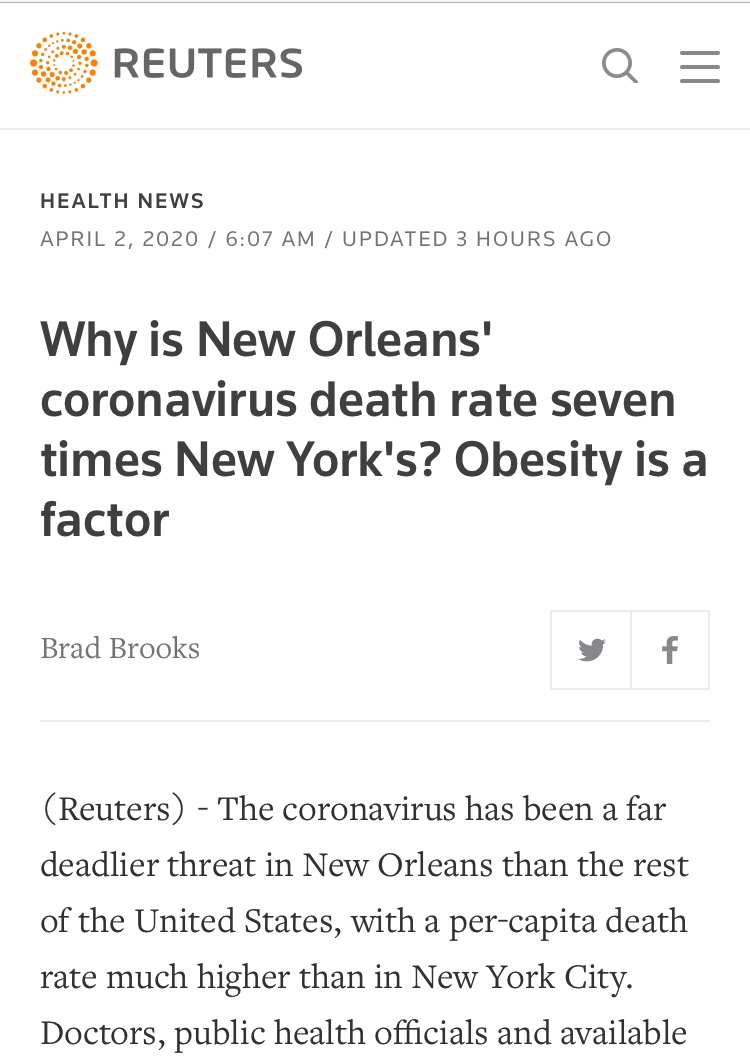 sandralopezleon's tweet photo. 🇺🇸🗽NYC tiene el mayor numero de casos reportados.

🇺🇸🐊Pero La taza de mortalidad en Nuevo Orleans es 7 veces más alta.
La prevalencia obesidad, diabetes e hipertensión es más alta.
Y Mardi Gras 🎭(carnaval en feb) ayudo a tener más casos en tan poco tiempo. https://t.co/qhL2YDgR47