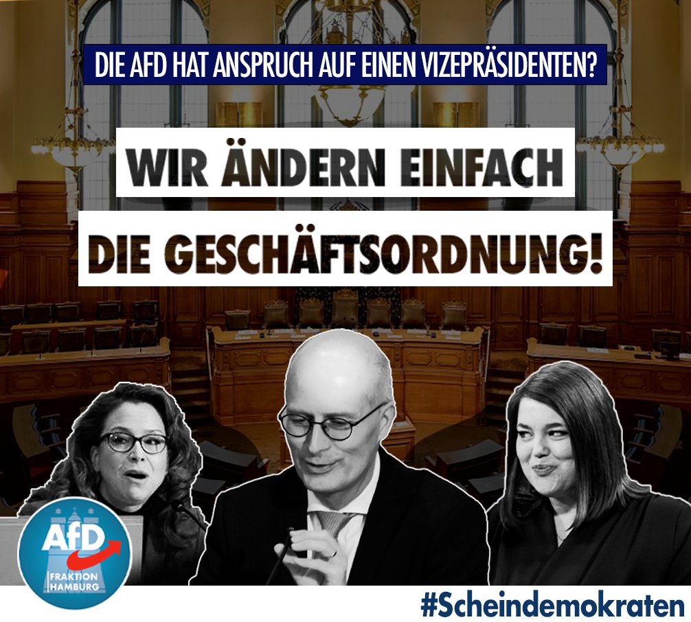 AfD_Fraktion_HH's tweet photo. Vier Parteien u.a. #CDU und #Linke beantragen Begrenzung der Vizepräsidenten auf vier - zuvor einen pro Fraktion. Begründung: Nun eine Fraktion weniger (#FDP), daher "Anpassungsbedarf".
#Hamburg #hhbu #AfD #nurnochAfD #Demokratie #Altparteien https://t.co/KfiGMkotgn