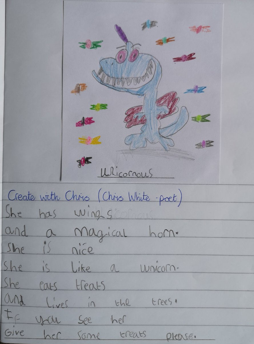 MarianneBrannan's tweet photo. Just discovered #createwithchris my littlest (6) loved it, especially the theme tune! She created Unicornous and we wrote a poem together and mummy created Teachersaurus. @chriswhitepoet https://t.co/sBCeVSlZUR