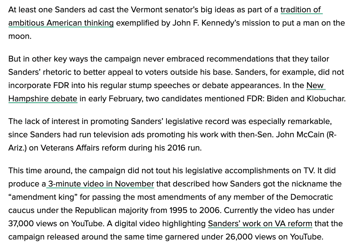 Another sign he didn't: Sanders did not regularly volunteer information or otherwise tout his pragmatic record and bipartisan accomplishments.Last cycle, he went on TV about VA reform bill; this cycle he promoted it in a YouTube video with 26,000 views.