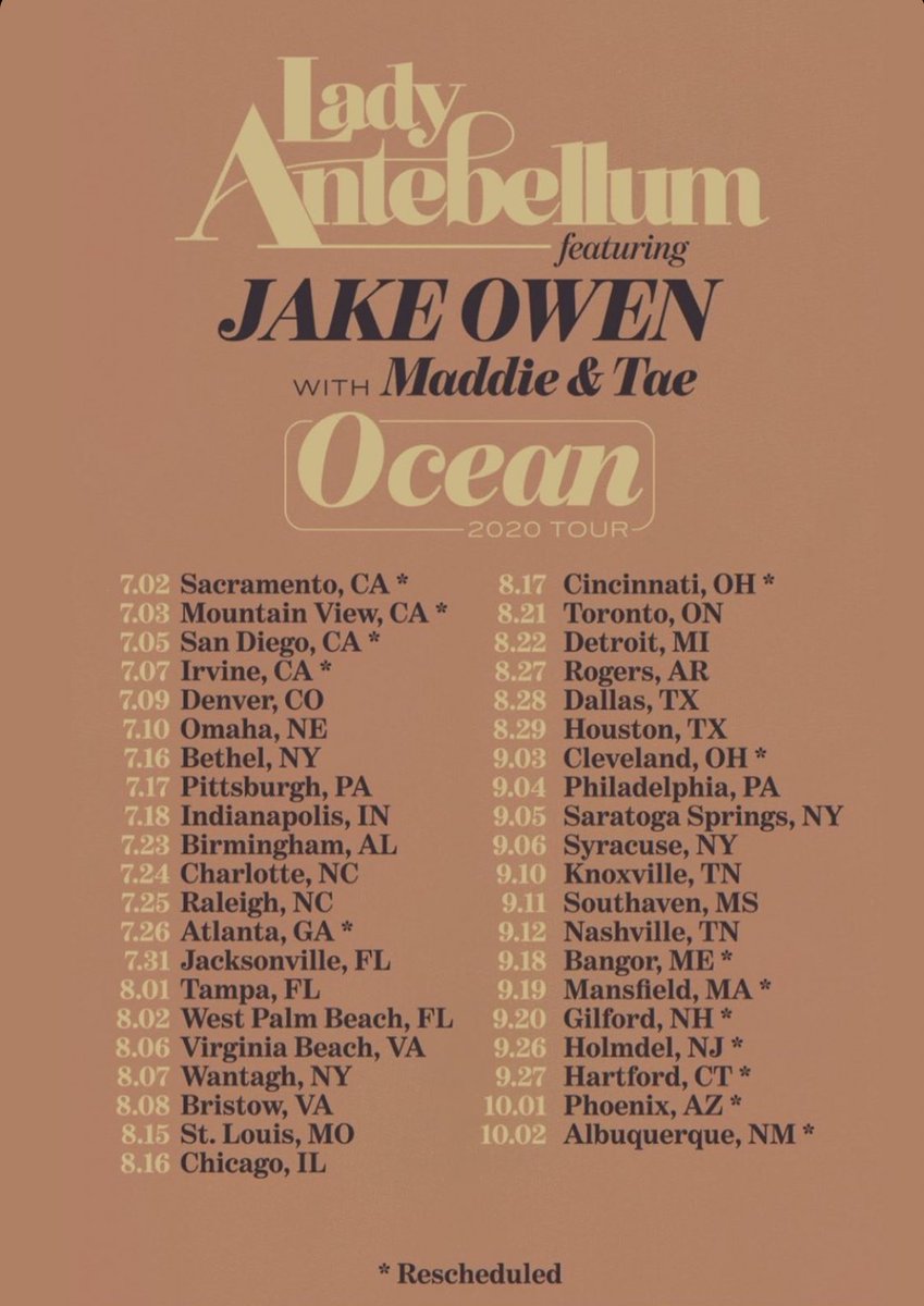MaddieTaeUK's tweet photo. Lady Antebellum have rescheduled some of their tour dates with @MaddieandTae and the #Ocean2020Tour will now kick off in July rather than May!
- tickets are still valid for new dates - https://t.co/goUE6utX4m