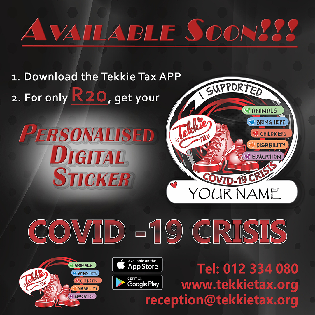 TekkieTax's tweet photo. AVAILABLE SOON! The #TekkieTax personalised digital sticker will be available SOON. Download the Tekkie Tax APP and for only R20 get your DIGITAL sticker with your name on to show that you supported the Tekkie Tax COVID-19 Crisis Campaignhttp://bit.ly/TekkieCovid19 #TekkieCovid19 https://t.co/xwHTlOnnMP