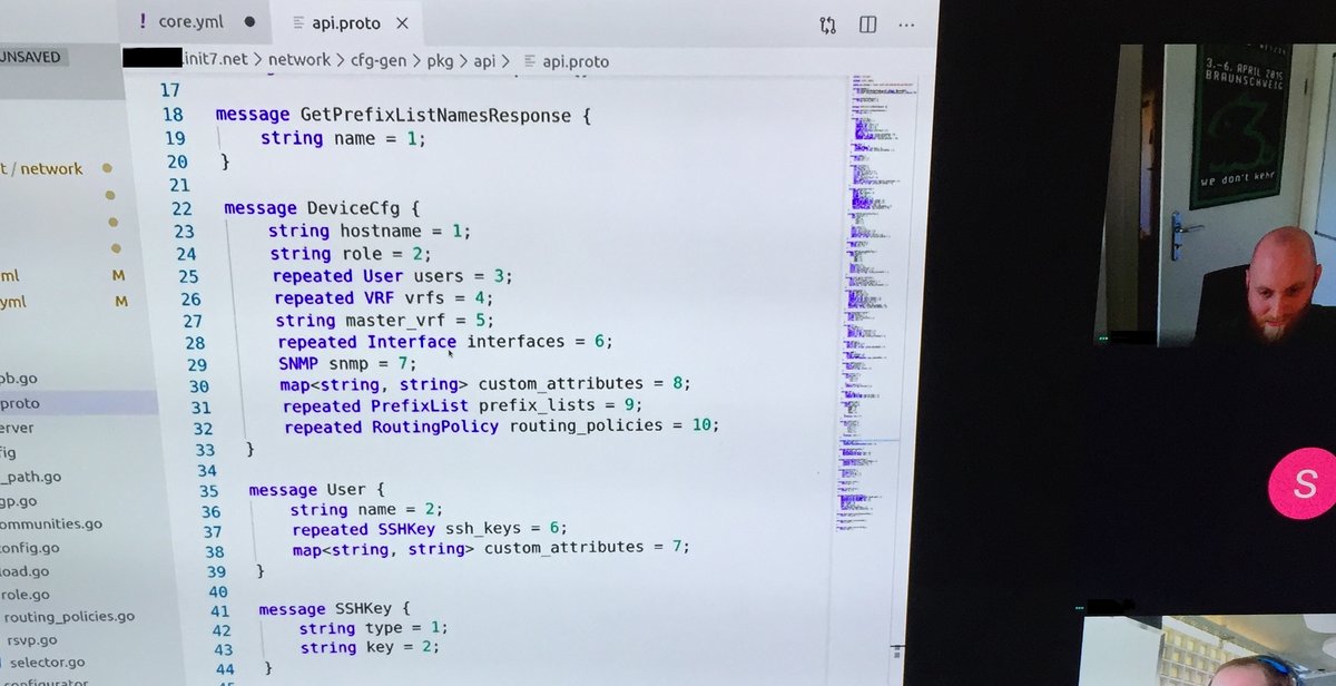 init7's tweet photo. #NewCore7 Videoconference with a bunch of @init7 network engineers listening to @taktv6 who is explaining our new configuration automation.

Templates, templates... along with a lot of documentation on @NetboxM, generating configs for our new @ExtremeNetworks SLX9640 workhorses. https://t.co/0AX7UnJOUq