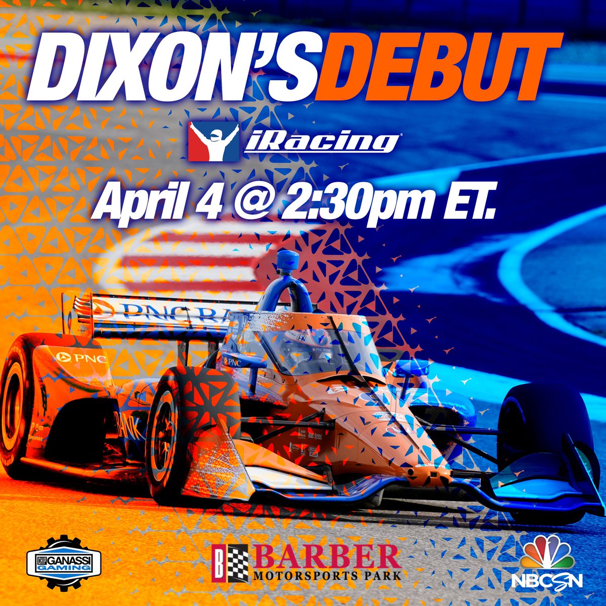 DIXON IS COMING TO iRACING 🗣

• Saturday, April 4th
• 2:30PM EST 
• @BarberMotorPark 
• 📺 @NBCSN 

#INDYCARChallenge | #BankOnThe9