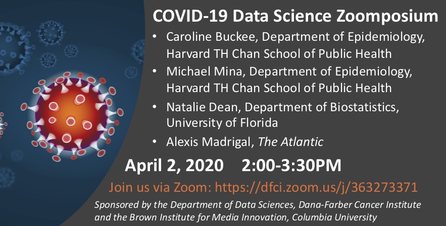 Join us for our #COVID19 zoomposium today Thu at 2pm EST.

Questions we will answer:

How do we model disease dynamics?
How do we test and why is it important?
How do we evaluate vaccines and therapies?
How do we obtain and report data?

Come ask your own: dfci.zoom.us/j/363273371